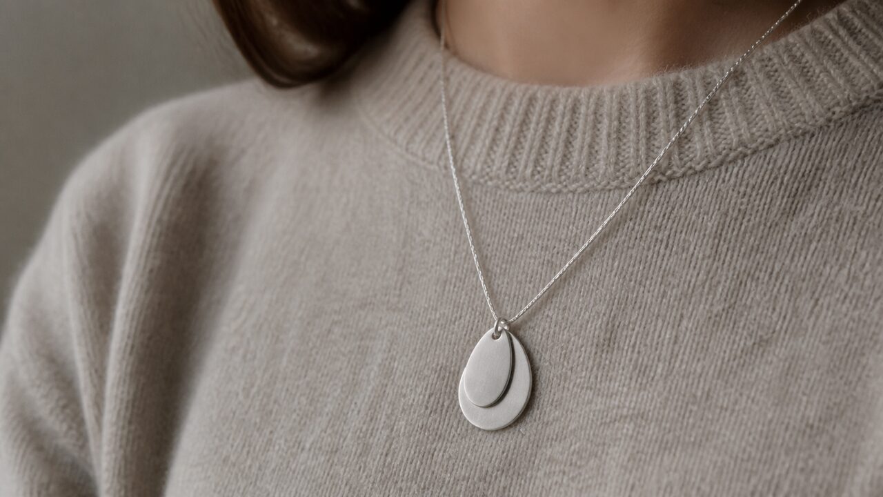 Matte silver pendant over a plain knit