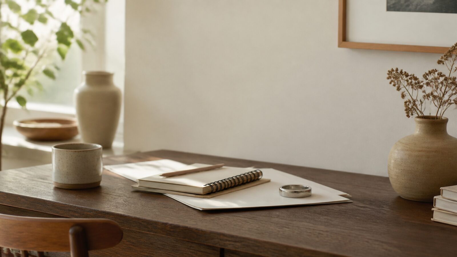 Quiet wood desk with a small matte silver object