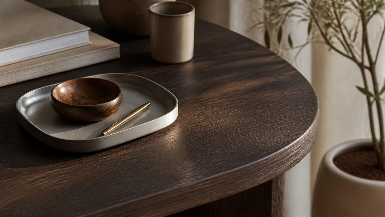 Wood desk edge with matte silver tray