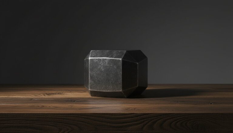Macro shot of a dense matte silver object on a dark wood surface