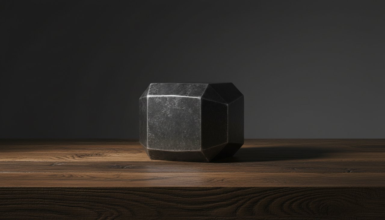 Macro shot of a dense matte silver object on a dark wood surface