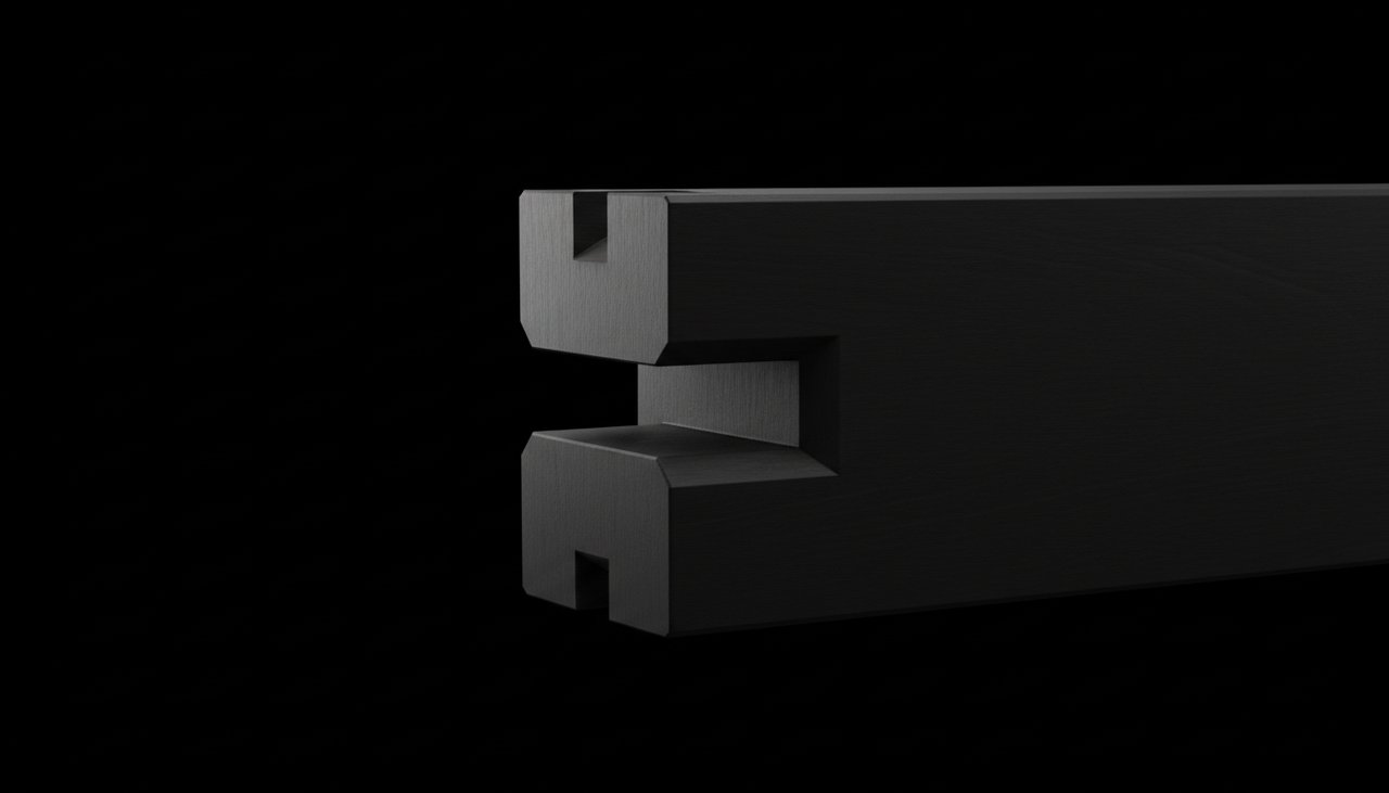 Close-up of a precise mortise and tenon joint in dark wood