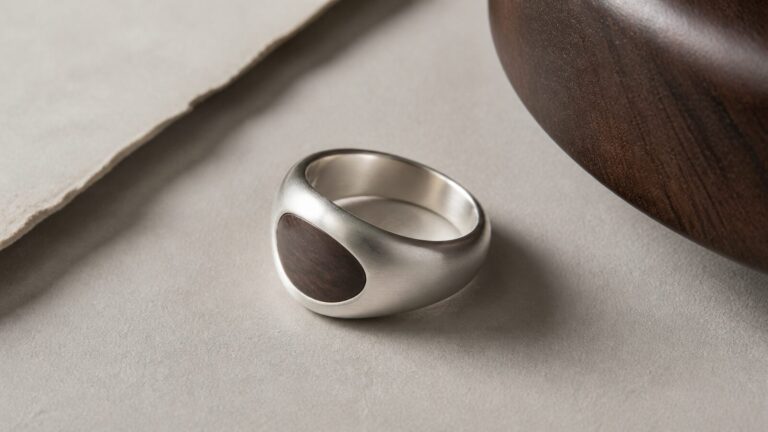 Contemporary matte silver and wood jewelry concept
