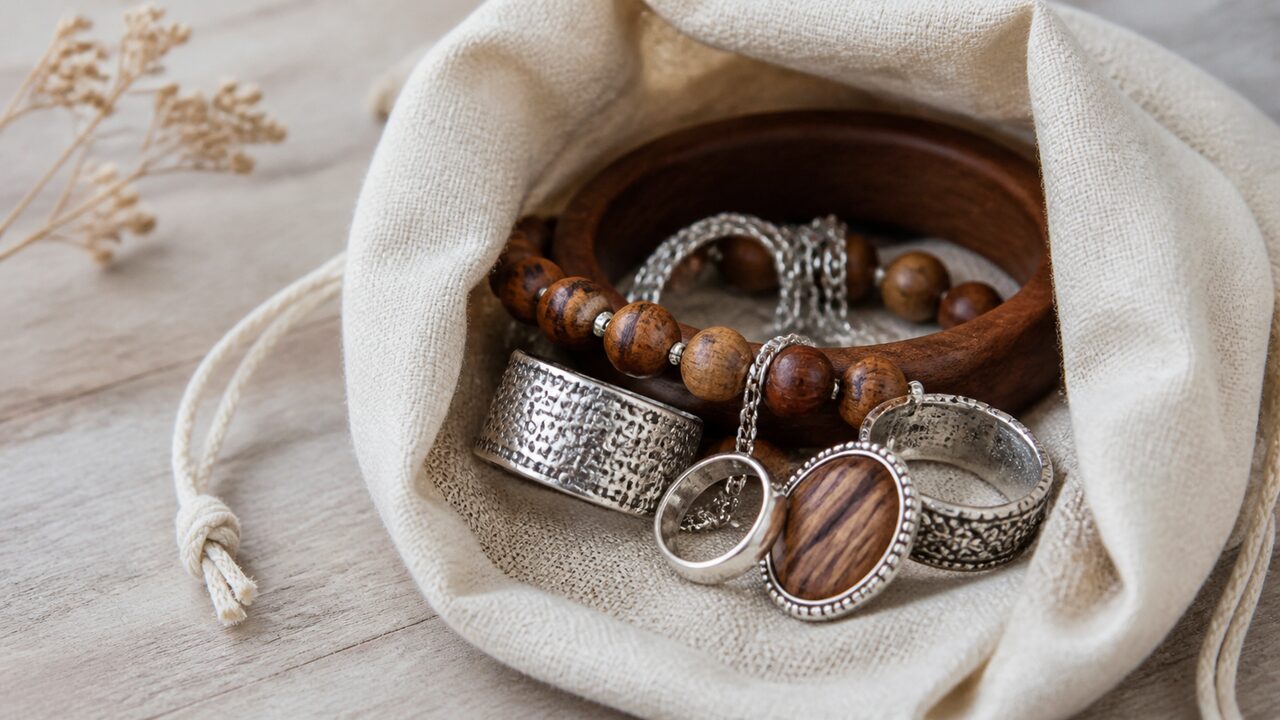 Mixed material jewelry stored dry in a fabric pouch