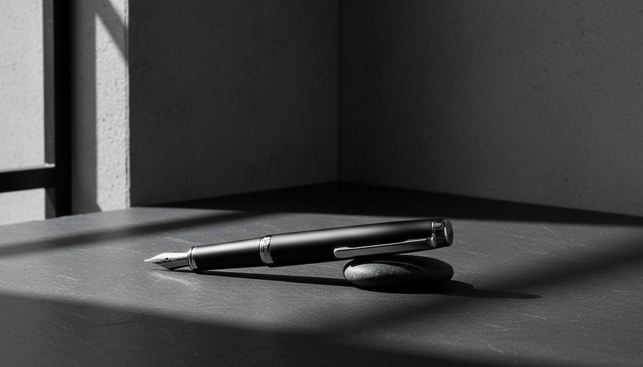 The pen acting as a minimalist anchor on a clean workspace