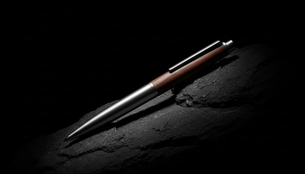 High-end still life of a minimalist silver and wood pen on a dark matte surface
