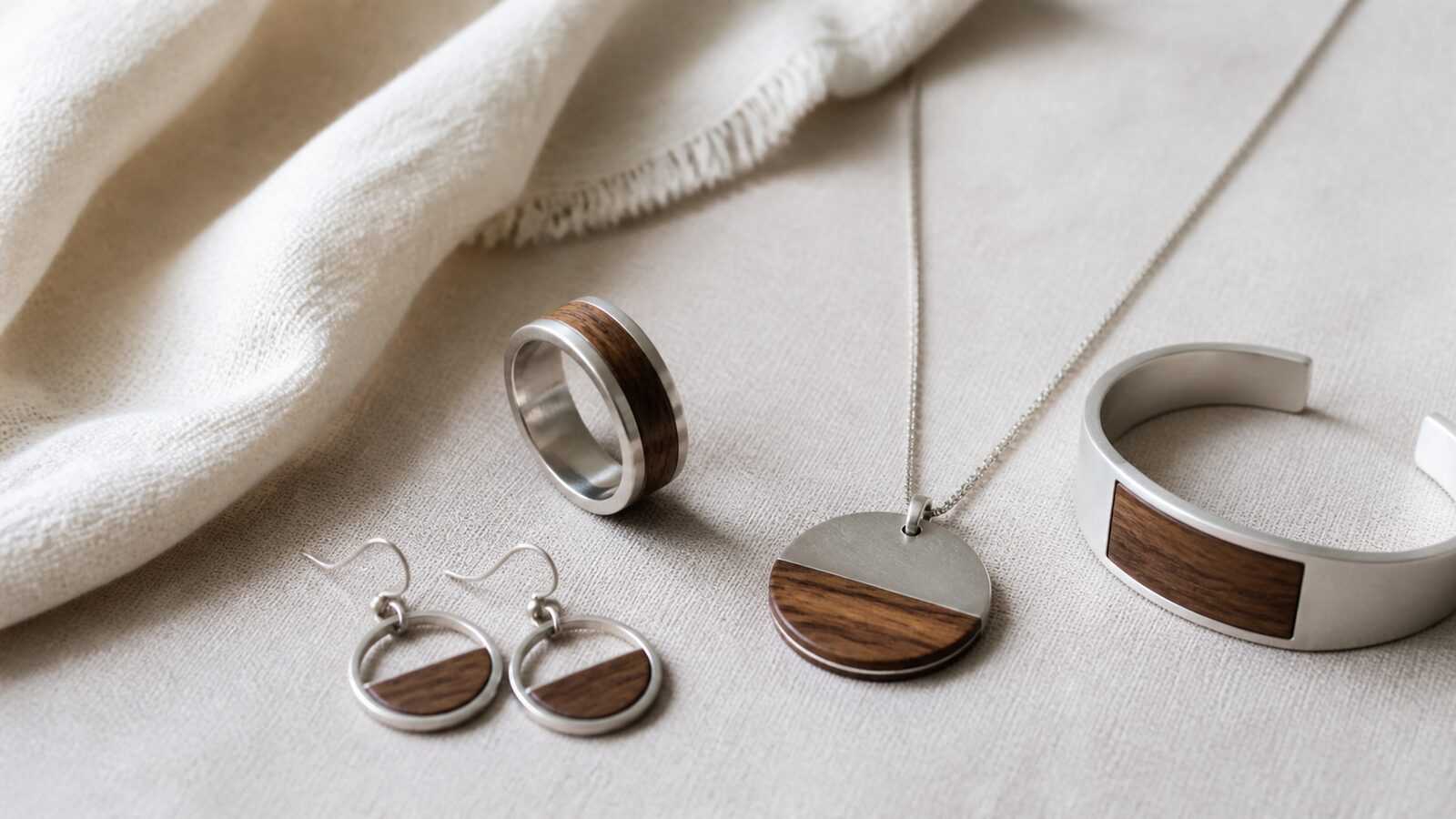 Contemporary matte silver and wood jewelry concept