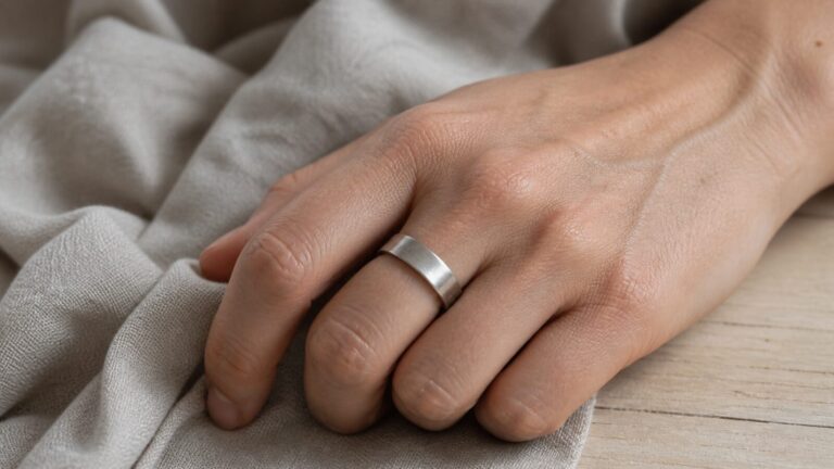 Hand wearing a simple matte silver ring on neutral linen