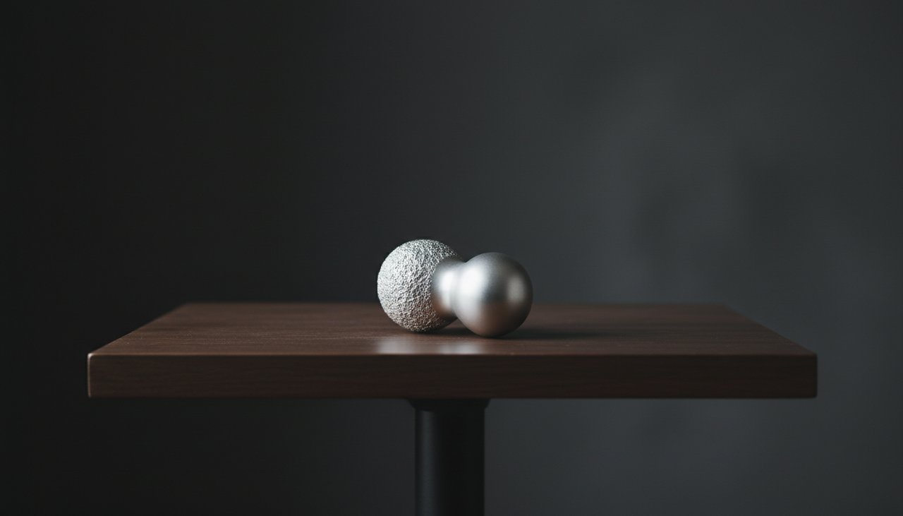 Anchor for Mindset – The Estovio Touch A matte silver sculptural object resting on a dark wooden desk as an anchor for focus