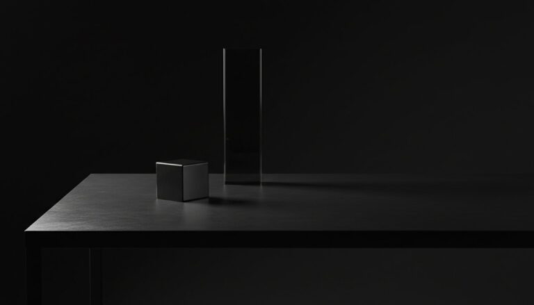 High-end minimalist desk surface in a dark studio setting with low-key lighting