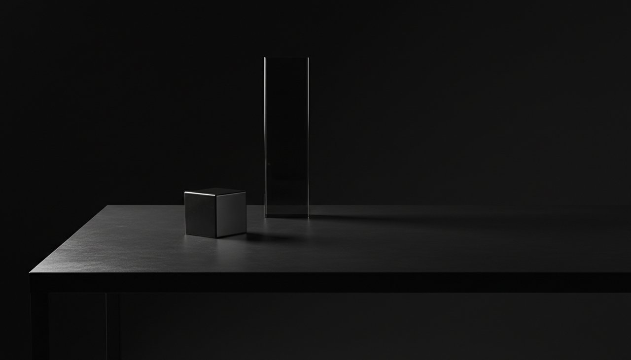 High-end minimalist desk surface in a dark studio setting with low-key lighting