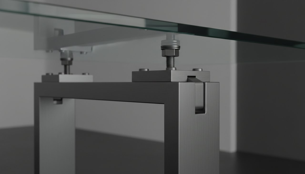 Structural Silence – Engineering Stability Close-up of a heavy-duty industrial steel desk joint with matte finish
