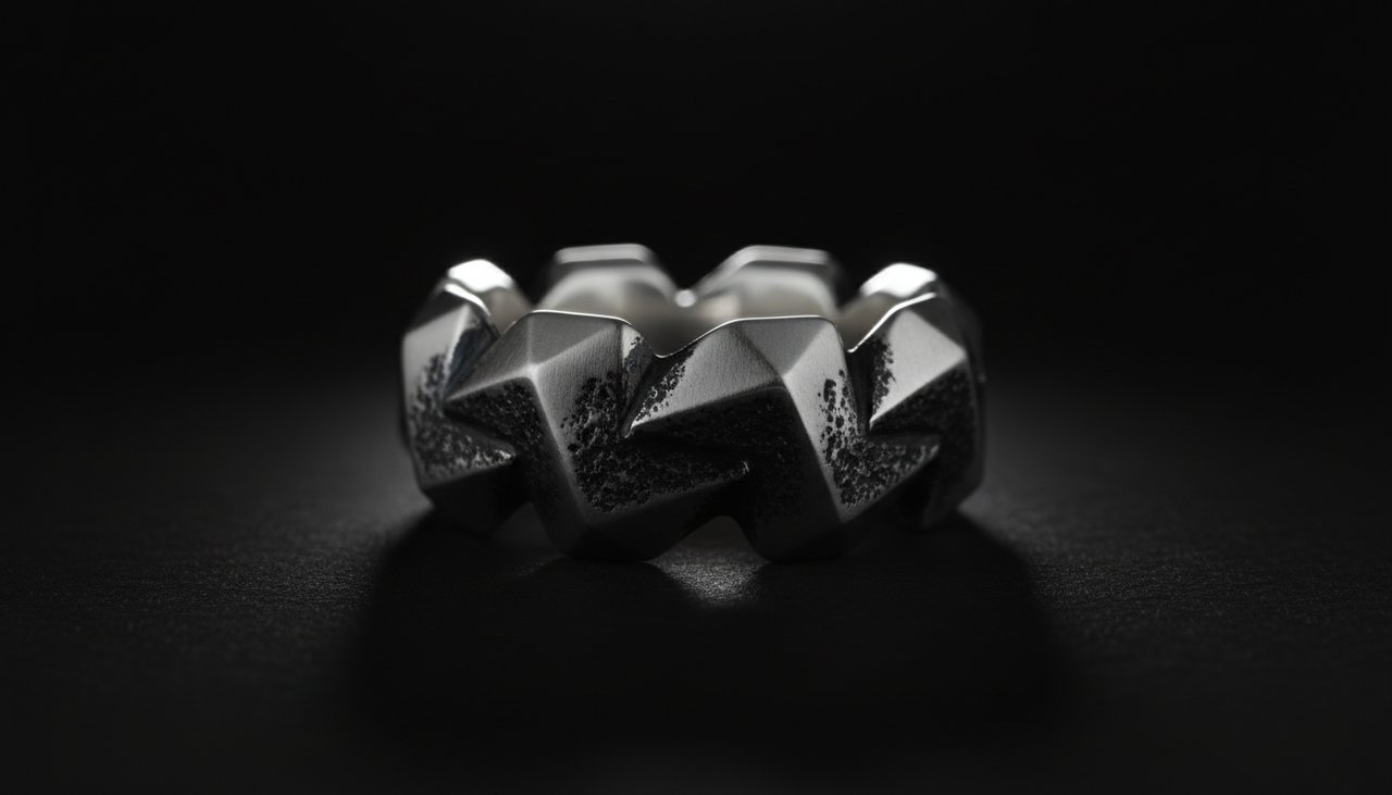 Oxidized matte silver jewelry with high-contrast studio lighting
