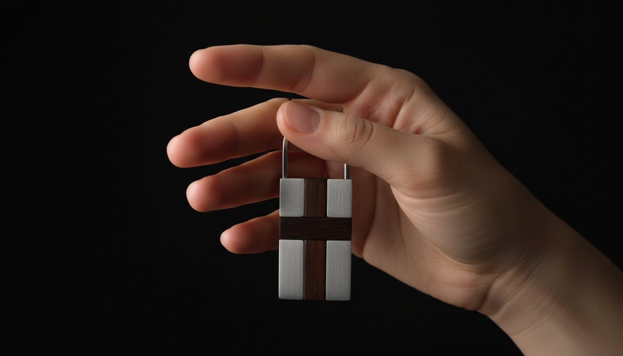 A steady hand touching a matte silver and wood object with focused lighting
