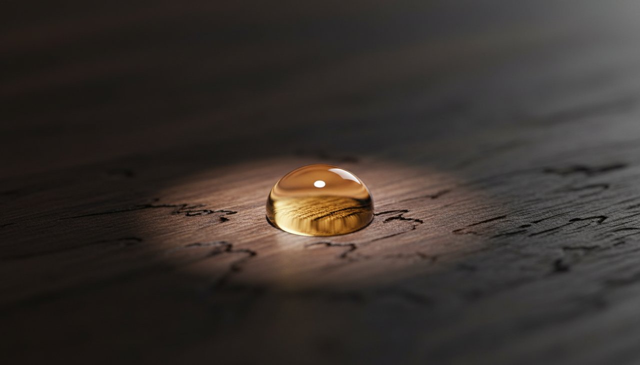 Macro shot of a drop of oil on dark highland hardwood grain