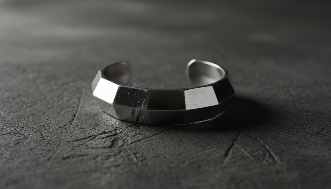 Finished Estovio 925 sterling silver handmade jewelry with dragon scale repoussé texture on dark concrete background
