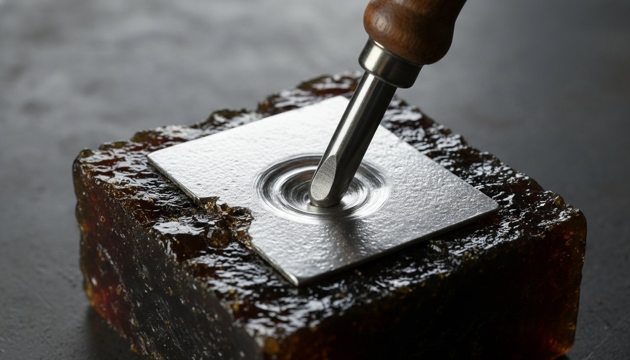 Chasing tool at 45-degree angle on pitch bowl during dragon scale repoussé work in 925 sterling silver