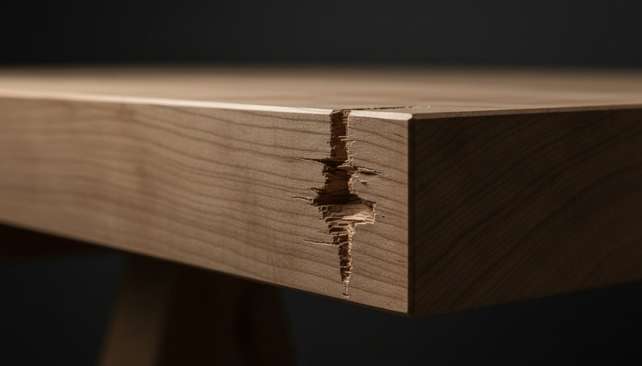 Macro shot of a sharp chisel mark in a heavy maple workbench with dramatic studio lighting