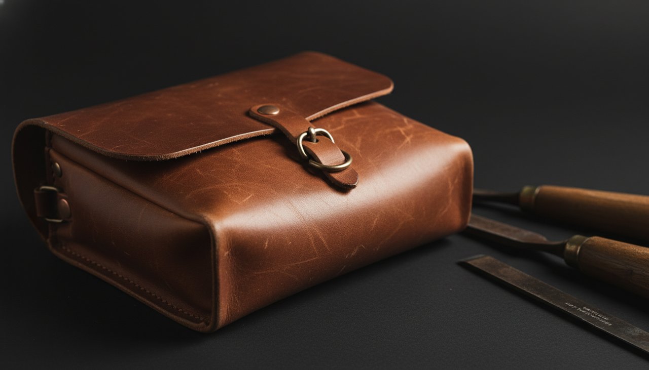 Leather Patina – The Texture of Time Close-up of aged vegetable-tanned leather with rich patina and tool marks