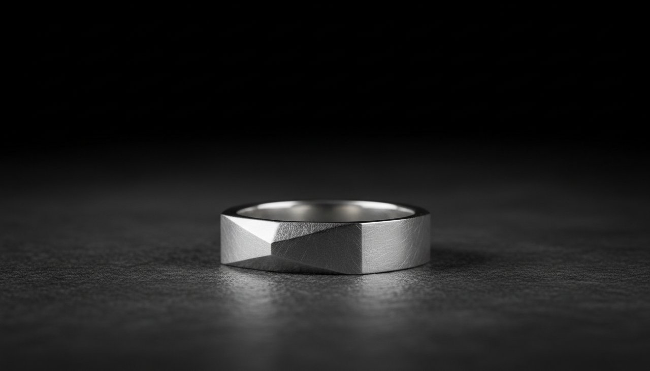 Satin Silver – Estovio Essentialism A matte silver ring with micro-scratches and satin patina on a dark concrete background