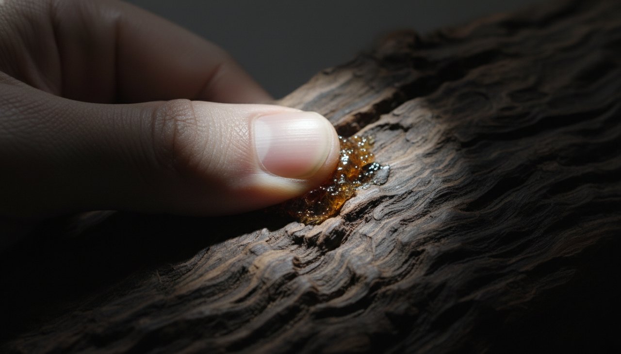 Artisan thumb pressing against wood surface with subtle resin sheen