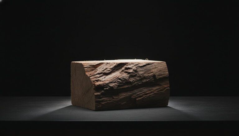 Raw high-altitude timber block on a dark studio workbench