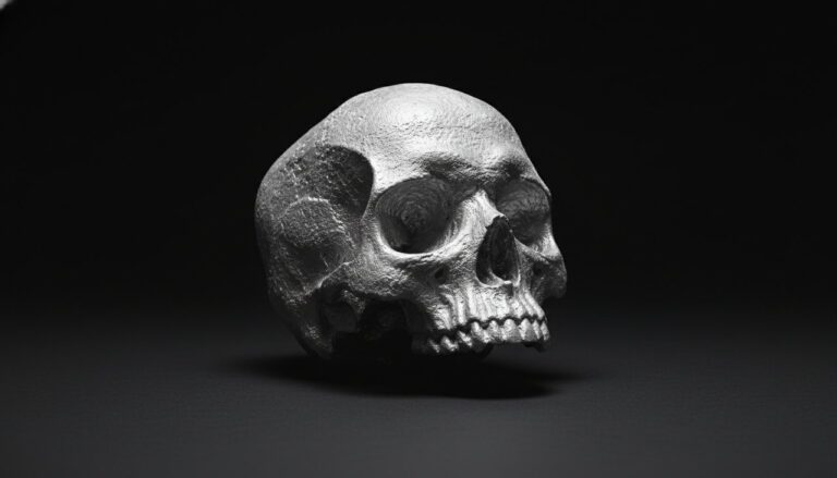 A raw, freshly cast silver skull with a matte white frost texture