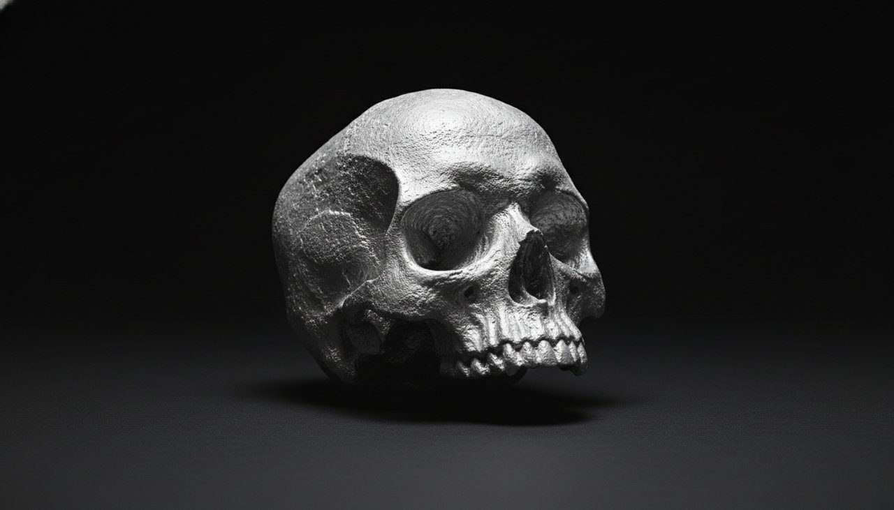 A raw, freshly cast silver skull with a matte white frost texture