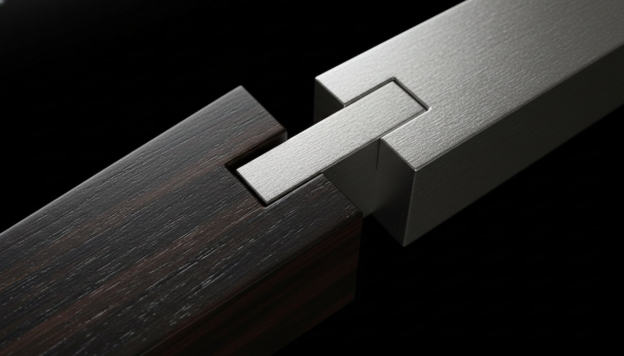Macro shot of a seamless wood and silver joint without adhesives