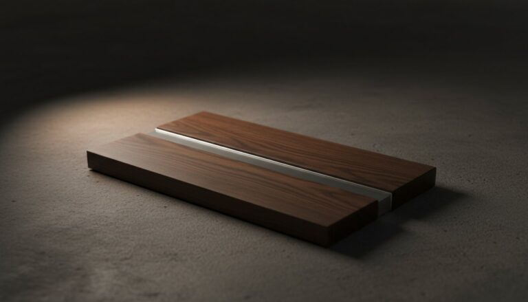A minimalist wooden desk tray with a matte silver inlay in a high-end studio setting