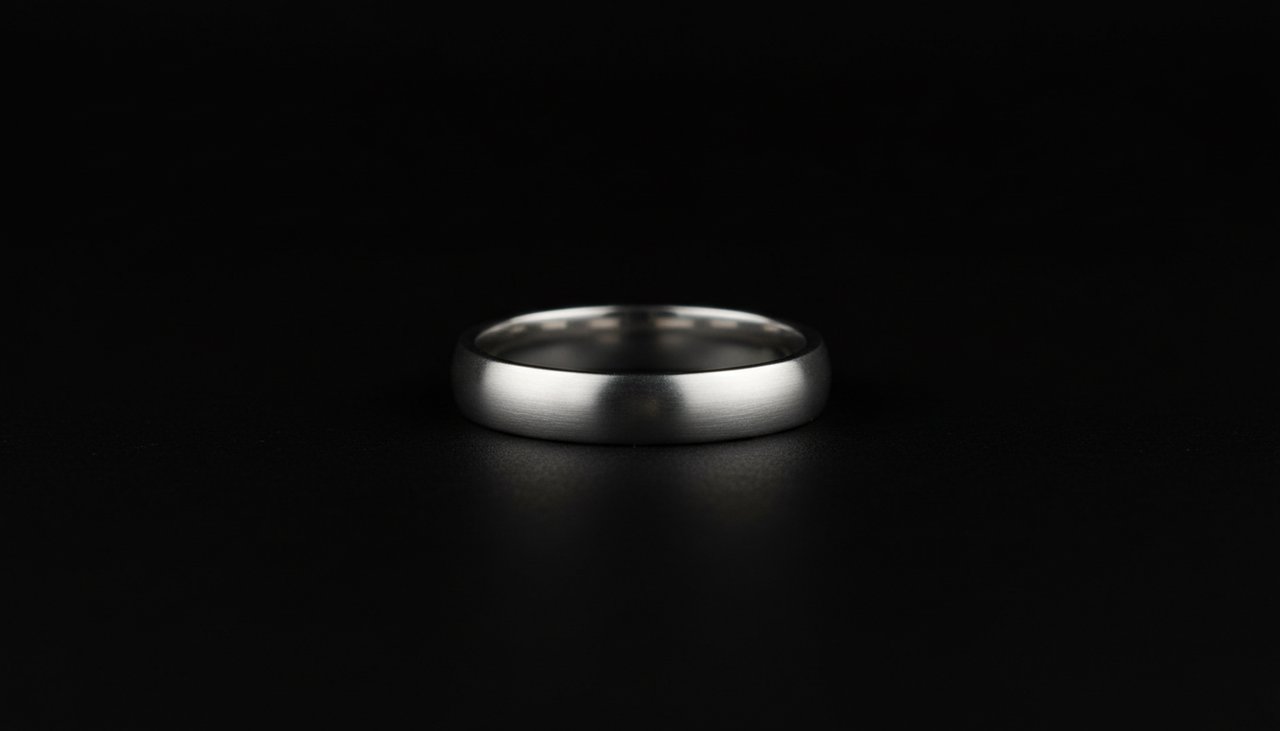 A pristine matte silver ring with clinical studio lighting on a black background