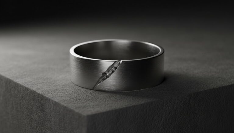 Macro shot of a deep gouge on an oxidized silver ring under studio lighting