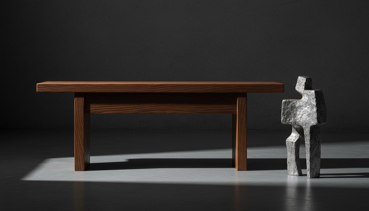 The Evolution of Material – Estovio High-end dark wood bench with natural patina and matte silver accents