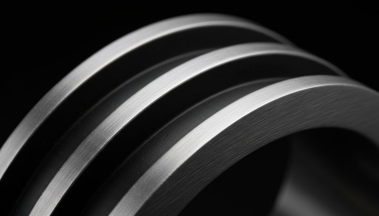 Close-up of structural highlights and dark recesses on a silver ring