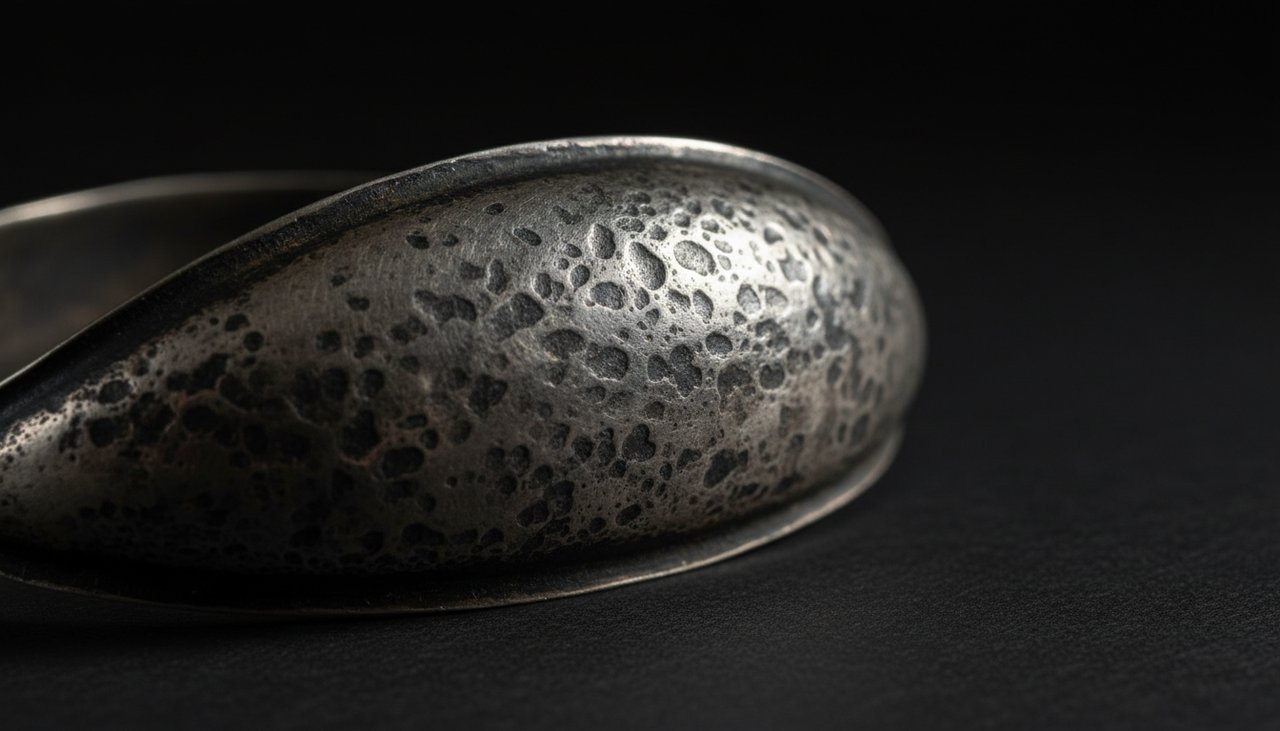Macro texture of oxidized matte silver showing natural patina development