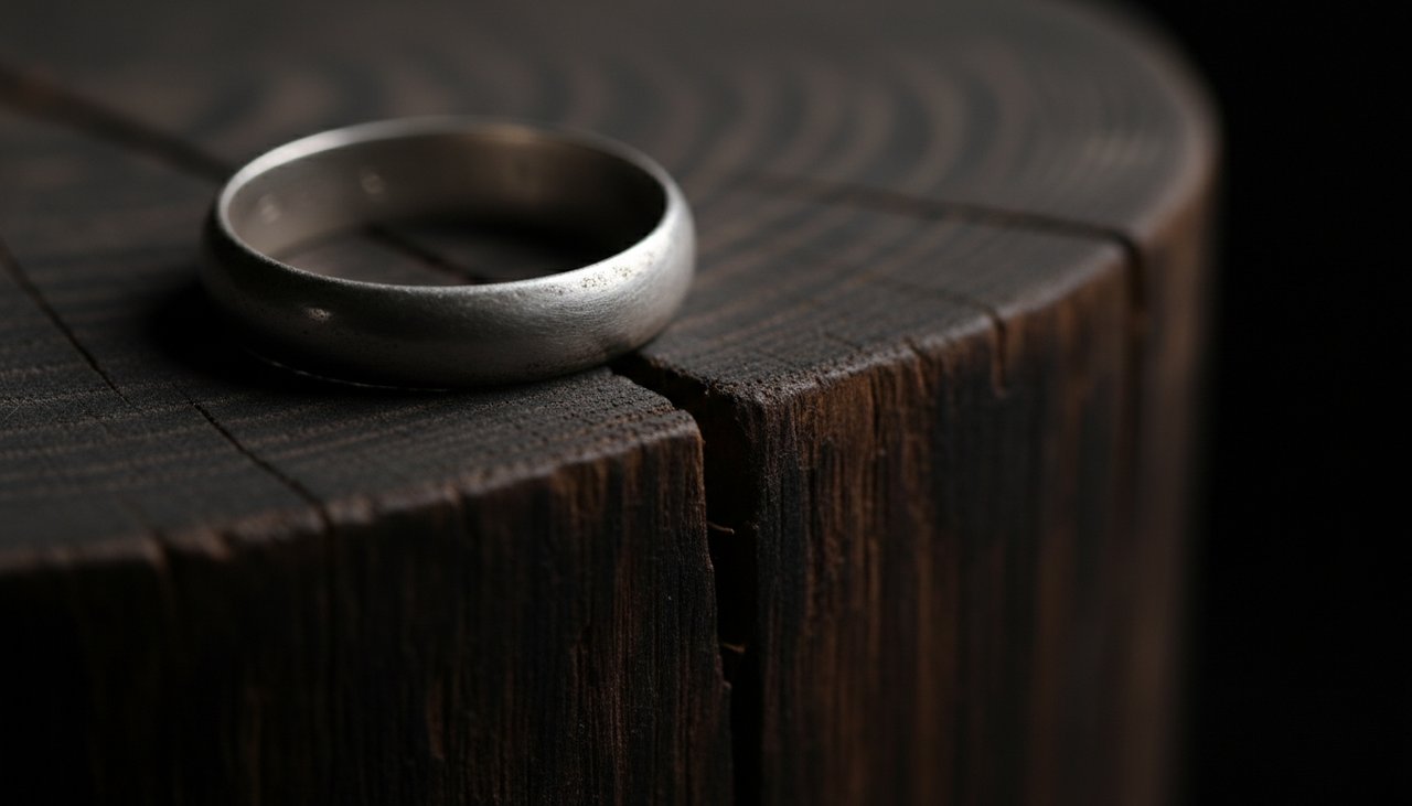 Modern silver jewelry resting on dark highland hardwood showing material interaction