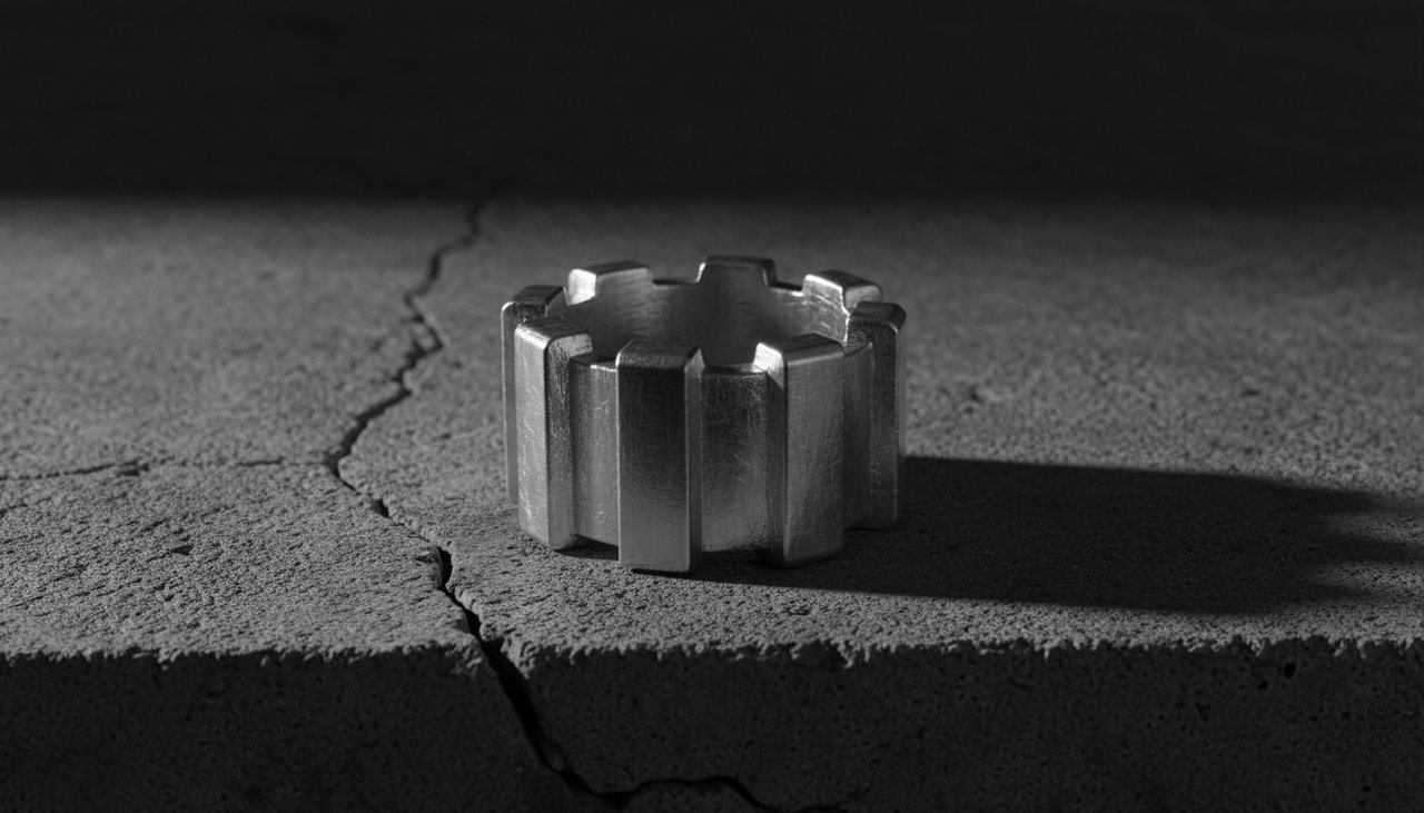 Material Density – Estovio Heavy brutalist 925 silver ring on a dark concrete background