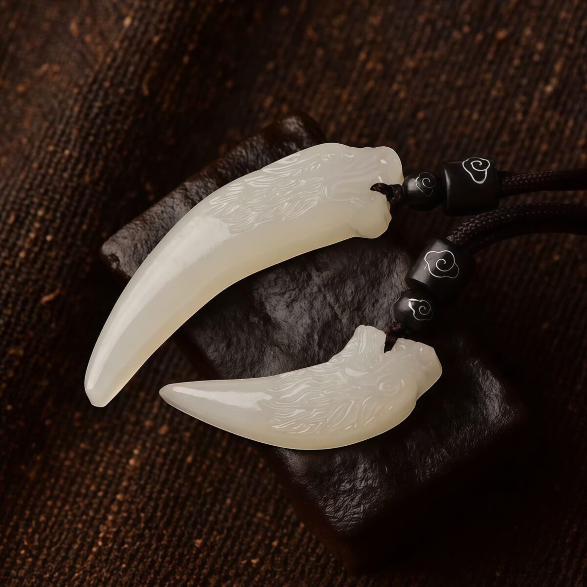 Wolf Tooth Pendant in White Jade and Silver - 1