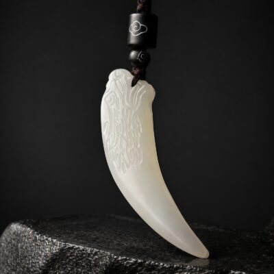 Wolf Tooth Pendant in White Jade and Silver - 5