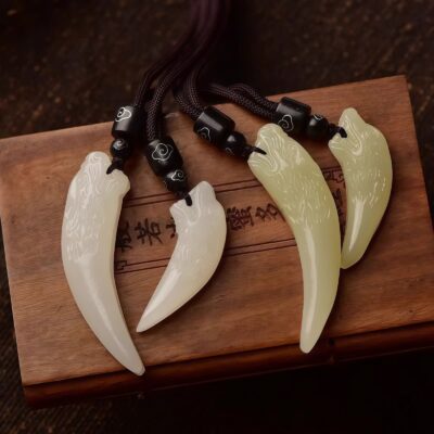 Wolf Tooth Pendant in White Jade and Silver - 2